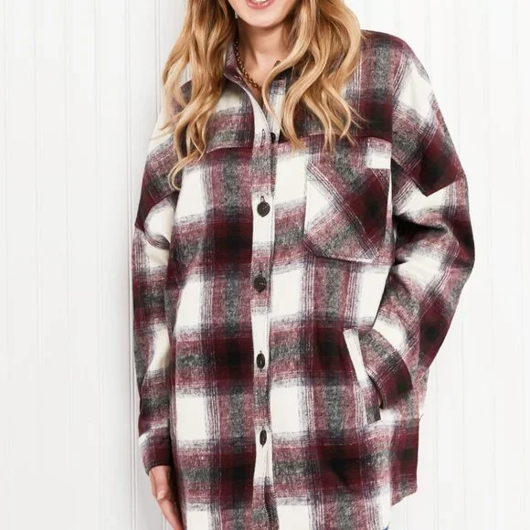 Zenana Autumn Evening Full Size Plaid Longline Shacket in Burgundy - Picture 5 of 9